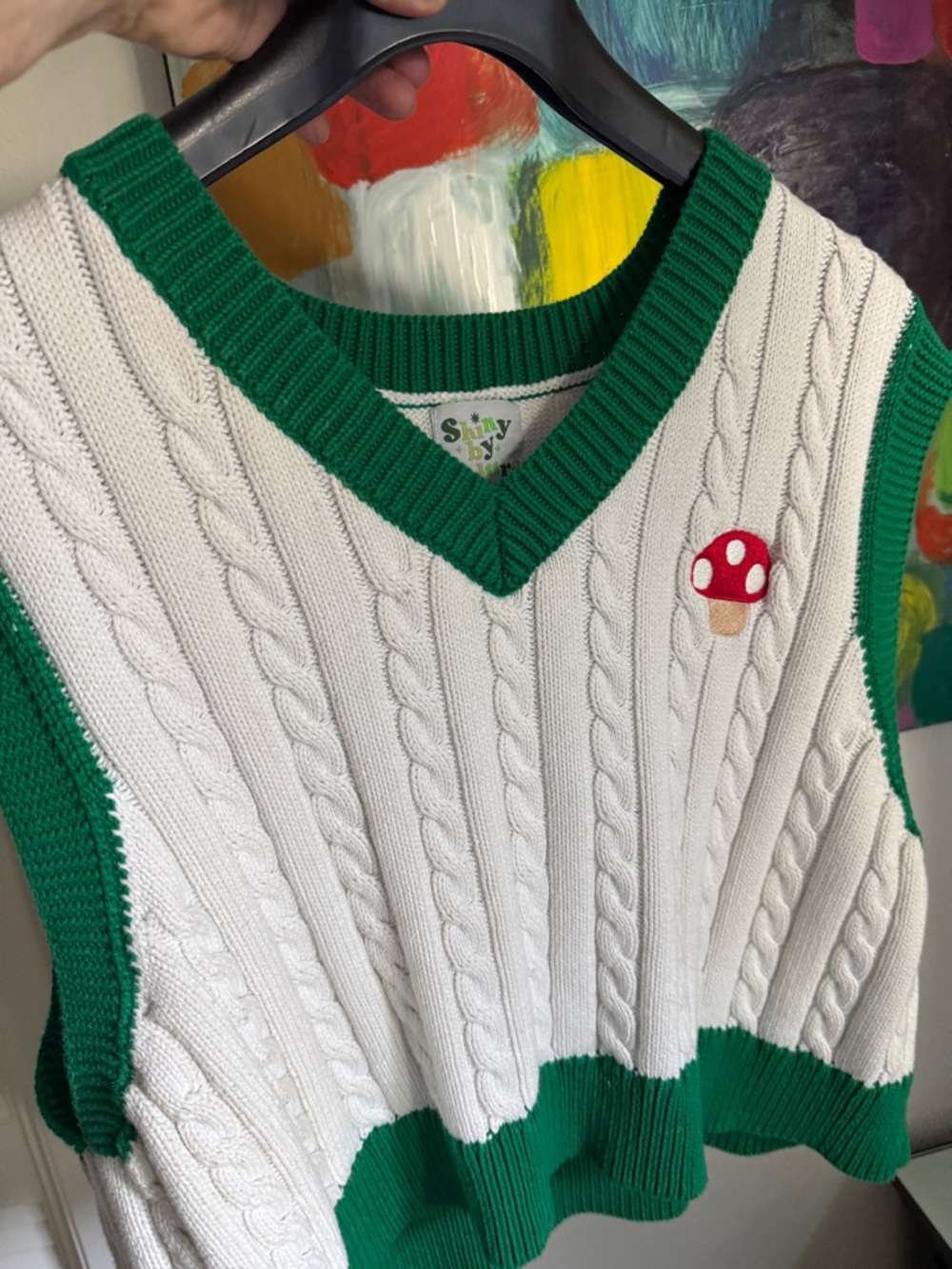 Shiny by Nature Cable Knit Vest 
with Green Trim & Mushroom Patch